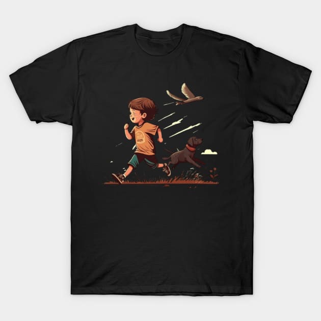 A Cute Boy Running WIth A Dog And Bird T-Shirt by Lost Ghost